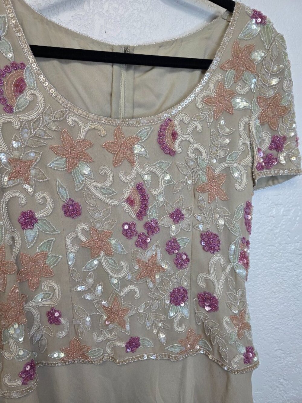Vintage Beaded Beige Dress Floral Embellished Swing‎ Midi No Tags - Picture 4 of 11